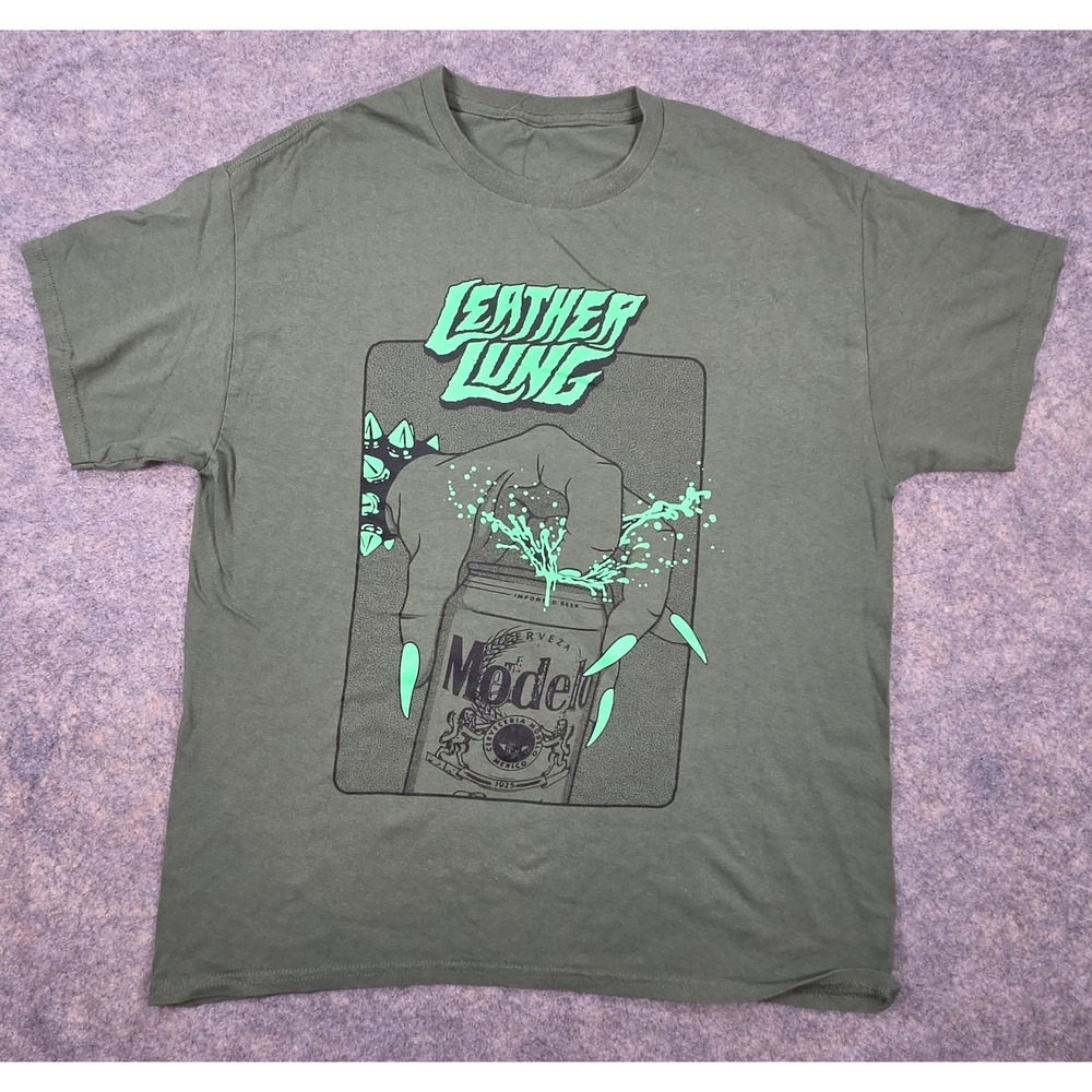 Leather Lung Band Graphic T-Shirt Olive Green Modelo Beer Graphic Mens Large